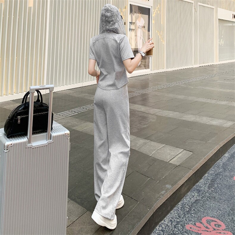 少女感休闲时尚运动套装女夏季洋气显瘦修身卫衣高腰阔腿裤两件套,女装套装/套裙,江南