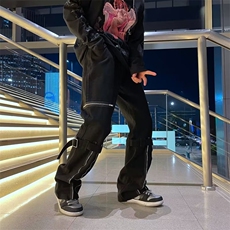 男夏季宽松潮流高街重磅阔腿裤子潮牌侧拉链直筒工装裤JK09-P43，男装工装外套，星座1109-3