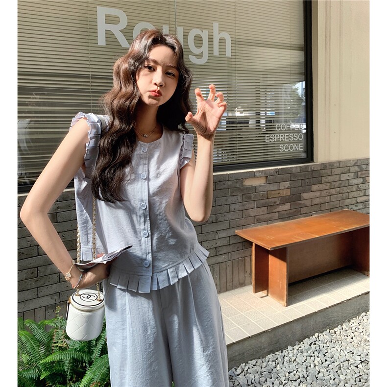 木耳边马甲时尚套装女2025年夏季新款韩版高腰休闲阔腿裤两件套,女装套装/套裙,2C129