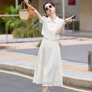 新中式国风印花连衣裙套装女2024夏新款改良旗袍气质吊带裙两件套图片