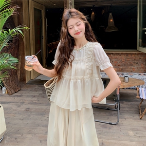 超仙时尚雪纺套装女2026夏新款半透减龄无袖木耳边阔腿裙裤两件套图片