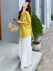 新中式印花宽松喇叭袖时尚气质小衫，女装衬衫，水衣源