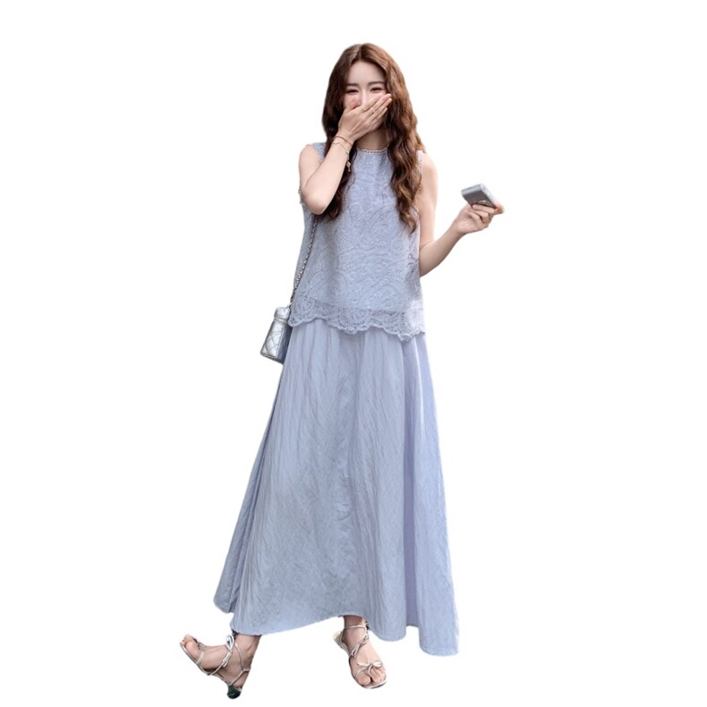 高级感蕾丝拼接背心套装女2025夏季新款显瘦无袖上衣半身裙两件套,女装套装/套裙,2C211