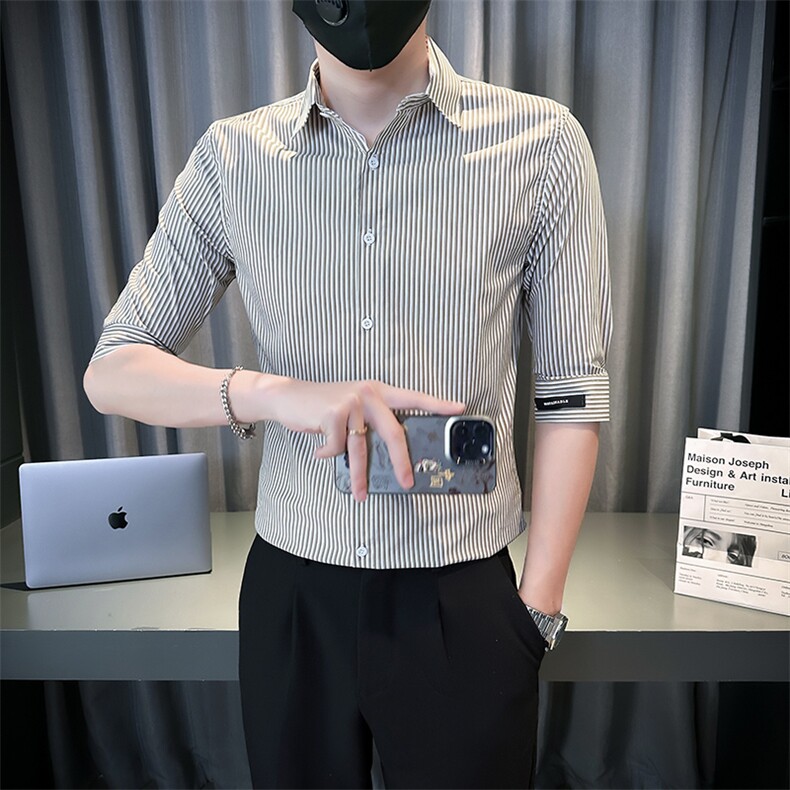 夏季男士七分袖条纹衬衫男休闲修身休闲衬衣A236-C667-P58,男装衬衫,电商A236