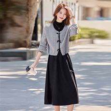 2025年秋季气质潮流女时尚针织毛衣优雅修身无袖连衣裙两件套装，女装套装/套裙，艾贝斯