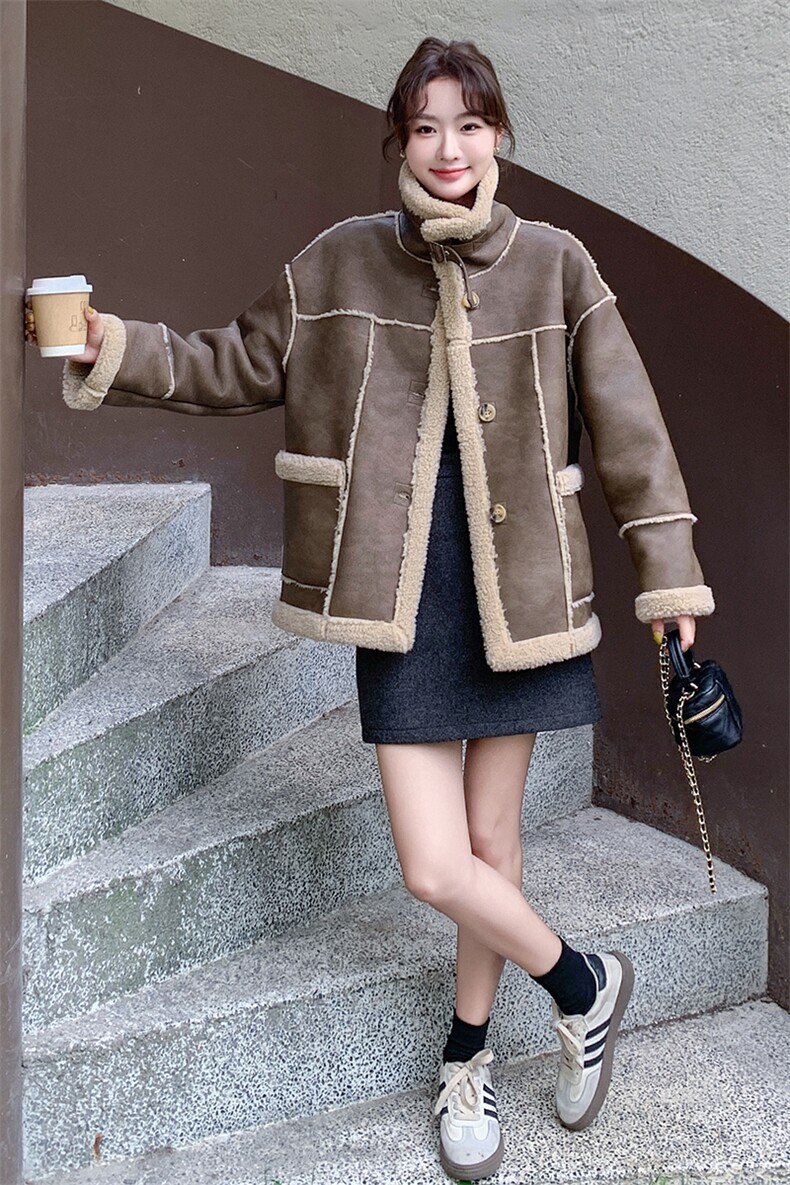 2C085-Q032P195现款机车服外套皮毛一体羊羔毛控2783天出货,女装短外套,2C085
