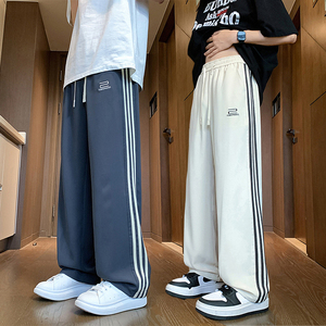 CK905夏男垂感宽松直筒长裤透气条纹织带运动休闲裤大码男女团队图片