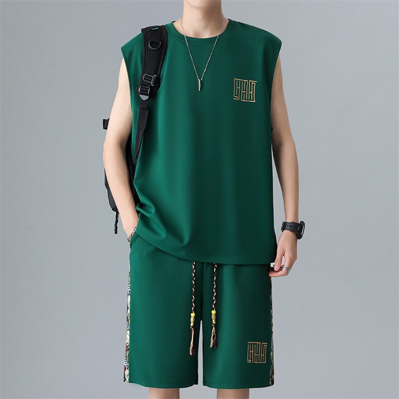 拼接短裤两件套夏季男士背心套装男刺绣休闲运动A266-TZ1107-P43,男装牛仔裤,电商A266