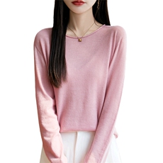 简约卷边圆领薄款宽松打底衫女2025春季精纺长袖针织小衫百搭上衣，女装针织衫/毛衣，暖烁特种纱工厂店