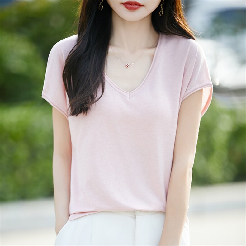 2025年夏季短袖T恤女夏季薄款天丝宽松百搭针织衫上衣,女装T恤,羿纯羊绒高端店