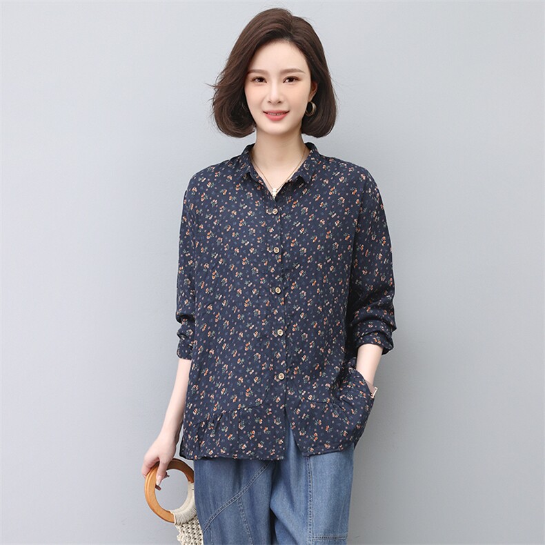 2024春秋季新款纯棉长袖衬衫女妈妈大码宽松洋气减龄碎花衬衣,女装衬衫,忆绮罗