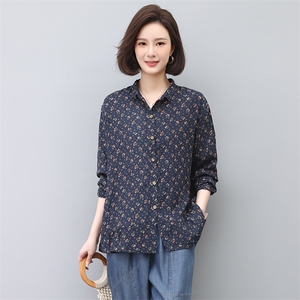 2024春秋季新款纯棉长袖衬衫女妈妈大码宽松洋气减龄碎花衬衣图片