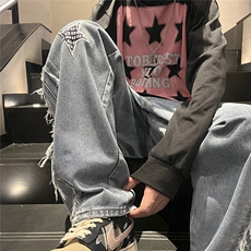 D258KZ07P65控78高街设计感五角星刺绣毛边牛仔裤，男装牛仔裤，电商D258
