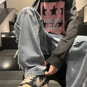 D258 KZ07 P65 控78 高街设计感五角星刺绣毛边牛仔裤图片