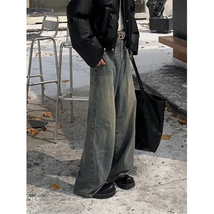 春秋季水洗做旧牛仔裤男美式复古潮牌潮流宽松阔腿直筒裤休闲长裤图片