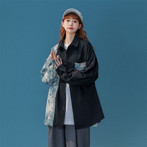 1中性风花型拼接长袖衬衫女大码情侣潮长袖衬衫男CS7714P60控88图片