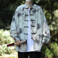 新中式盘扣衬衫男长袖衬衣男风水墨画很仙的外套夏季C45233-p36，男装衬衫，星座1008-2
