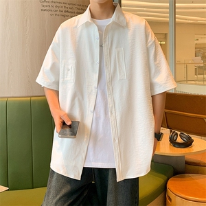24年港风夏款工装纯色宽松短袖衬衫男CS116 P40图片