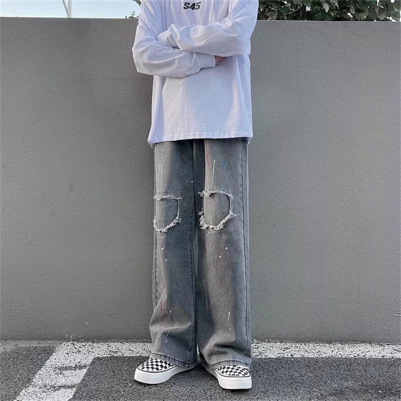 新款高街vibe风水洗灰色牛仔裤直筒拖地阔腿裤N8058P45图片