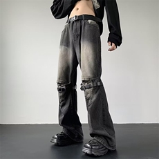 夏季新款设计感休闲百搭长裤小众复古做旧破洞牛仔裤男K7169-P60，男装休闲裤，星座512-4