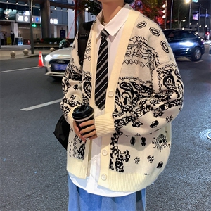 M3123-P85秋冬加厚腰果花毛衣男女情侣宽松针织开衫上衣外套图片