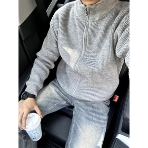 重磅秋冬北极绒双拉链毛衣开衫美式复古休闲慵懒风宽松针织衫外套图片