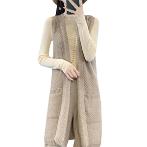 25秋冬100%纯羊毛连帽开衫女无袖马甲中长款毛衣宽松带兜坎肩外套图片