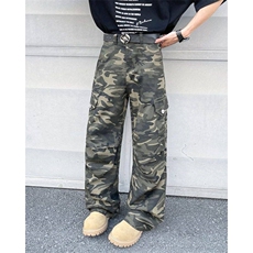迷彩工装裤宽松春夏季直筒牛仔裤男女百搭微喇小众设计感，男装牛仔裤，星座410-6（原星座1304-1）