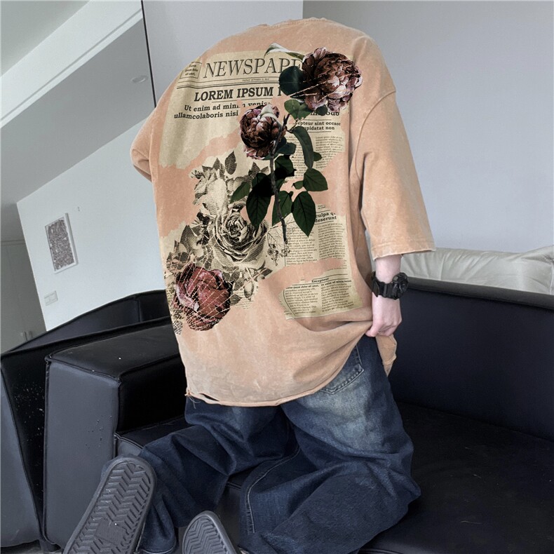 重磅美式复古玫瑰海报水洗做旧磨破工艺短袖XZ301B-JB4203-P40,男装T恤,星座301B