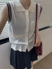 夏季通勤简约舒适百搭显瘦POLO领开衫背心短袖，女装T恤，百纯羊绒