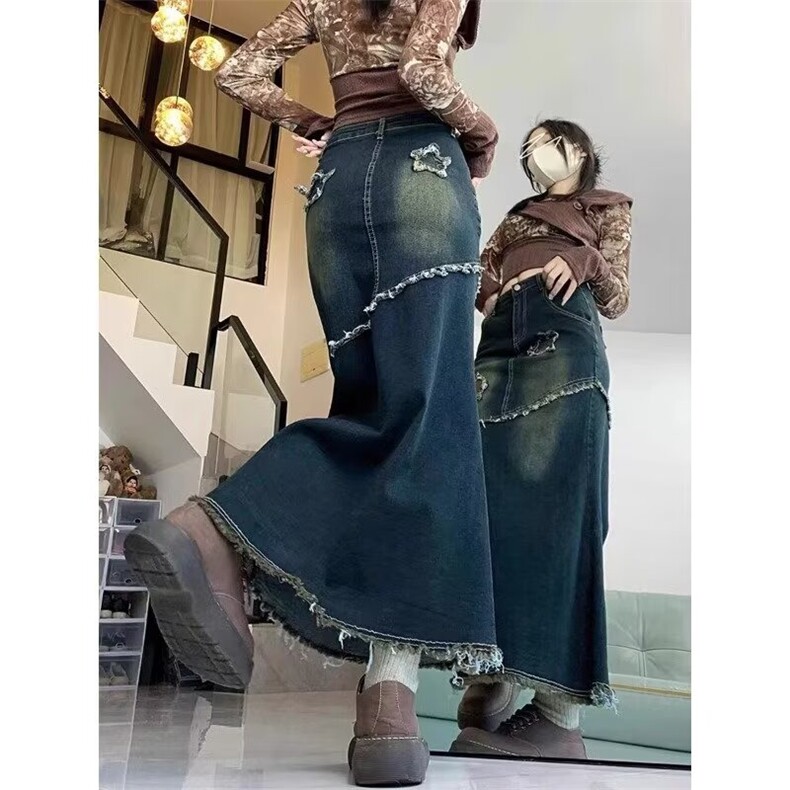 潮流无品牌新款大美版型立裁拼接鱼尾高腰弹力牛仔半裙原宿百搭,女装半身裙,星座1210-1