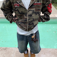 美式潮牌开衫连帽运动衫情侣款高街痞帅感宽松迷彩覆古拉炼外套，女装短外套，星座218-1（原230）