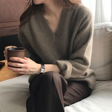 时尚女士秋季新款简约百搭七针加厚V领针织衫显瘦保暖羊毛衫，女装针织衫/毛衣，悦玛羊绒