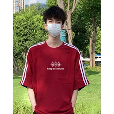 抖音得物高品质二开240克宽松纯棉美式潮牌三条杠织带短袖T恤，男装T恤，电商A486
