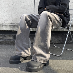 烟灰牛仔裤男秋冬款美式痞帅高级感裤子宽松直筒微喇裤N2106-P48图片