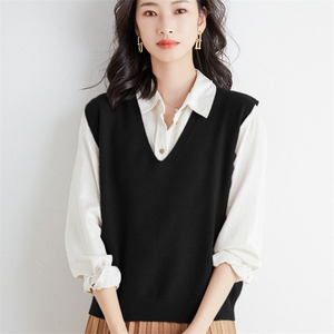 秋冬季新款纯色V领毛衣女宽松显瘦百搭针织马甲图片