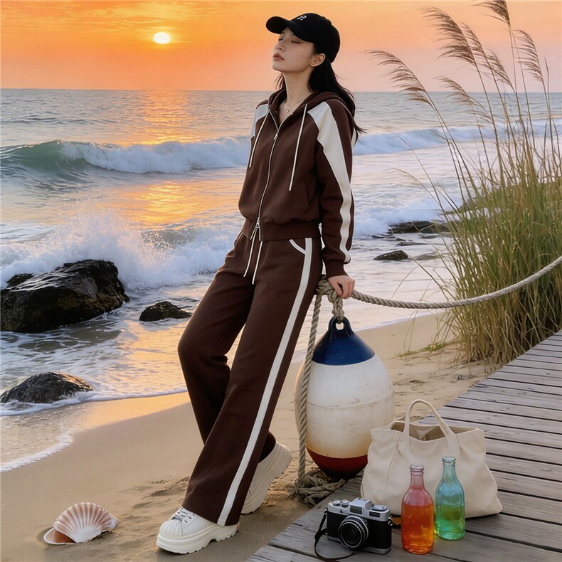 时尚炸街休闲运动套装女春季新款撞色连帽拉链外套阔腿裤两件套潮,女装套装/套裙,江南