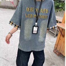 字母刺绣牛仔短袖T恤女夏季美式高街做旧格子拼接设计感新款，男装T恤，星座506A