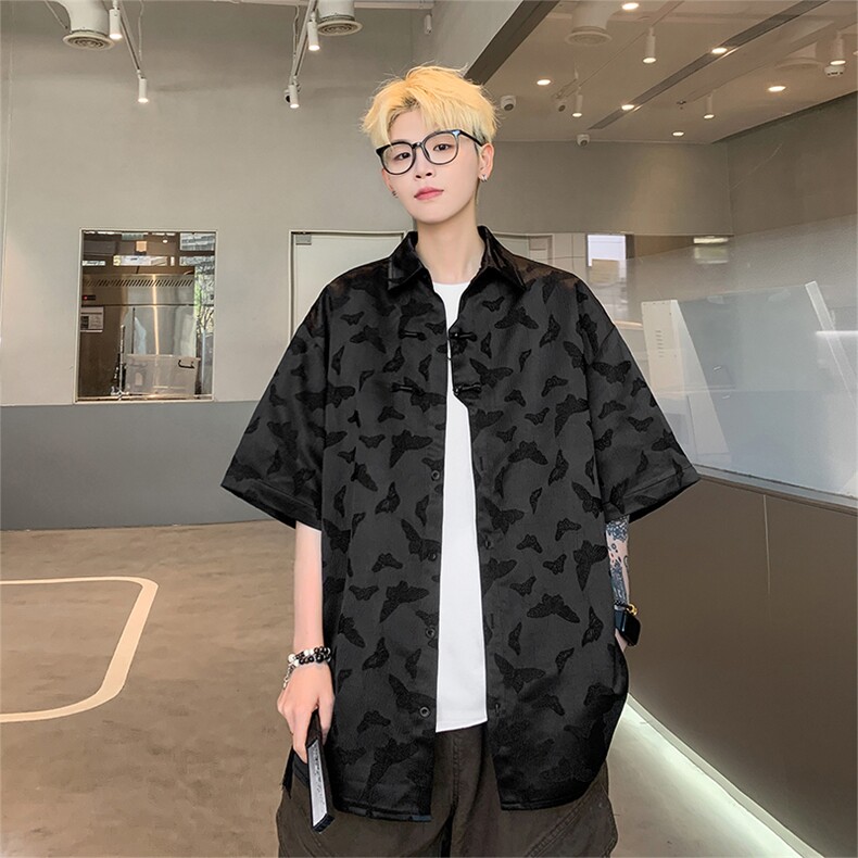 新中式X5525-TP40控价68夏季蝴蝶提花男风盘扣宽松衬衣,男装衬衫,电商A102-1