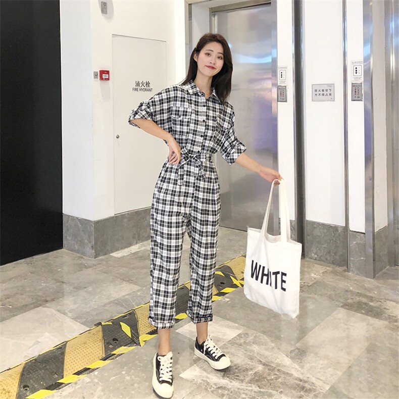现货大货秋装连身裤格子工装套装连体衣裤潮1608212P95控138,女装休闲裤,艾青服饰