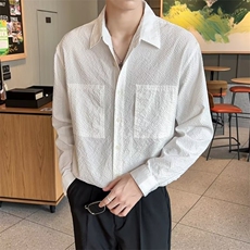 新潮颗粒感面料纯色翻领衬衫韩风高级感长袖男士衬衣薄外套C905，男装衬衫，星座1116A-2（原606A-1）