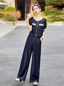 牛仔套装女2025夏新款韩系高级感小香风气质减龄阔腿裤穿搭一整套图片