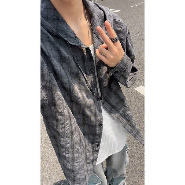 防晒宽松长袖衬衣复古格子男女美式外套旅行户外防紫外线聚酯纤维，男装衬衫，星座1210-1