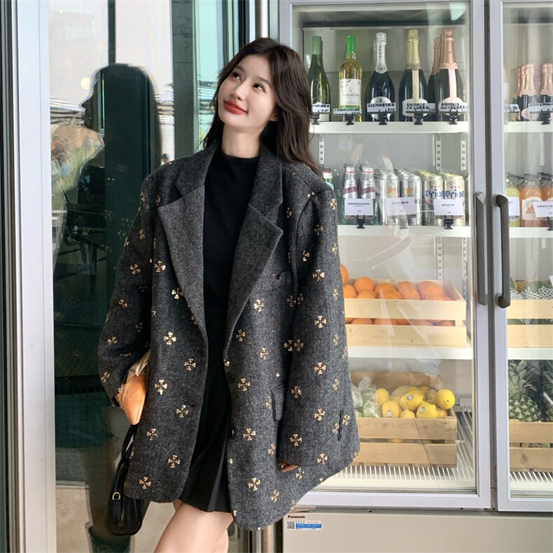 灰色羽绒内胆毛呢西装外套女秋冬新款加厚宽松休闲慵懒风加厚上衣,女装毛呢外套,2C168