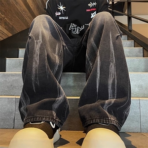 黑色渐变牛仔裤男款潮牌秋季美式复古裤子高街vibe直筒阔腿微喇裤图片