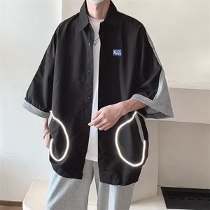 夏季宽松简约拼接短袖衬衫男女上衣高级感五分袖开衫衬衣 C2217图片