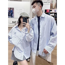 新款春秋情侣款刺绣笑脸条纹衬衫长袖外套宽松学院风休闲百搭衬衣，男装衬衫，星座1210-1