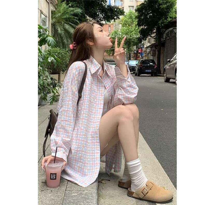 TC684-p45森系甜美蓝色格纹衬衫女早秋宽松休闲显瘦中长款衬衣，女装衬衫，星座617A-2