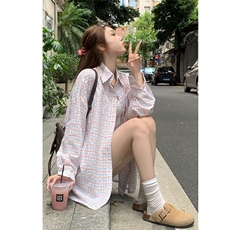 TC684-p45森系甜美蓝色格纹衬衫女早秋宽松休闲显瘦中长款衬衣，女装衬衫，星座617A-2
