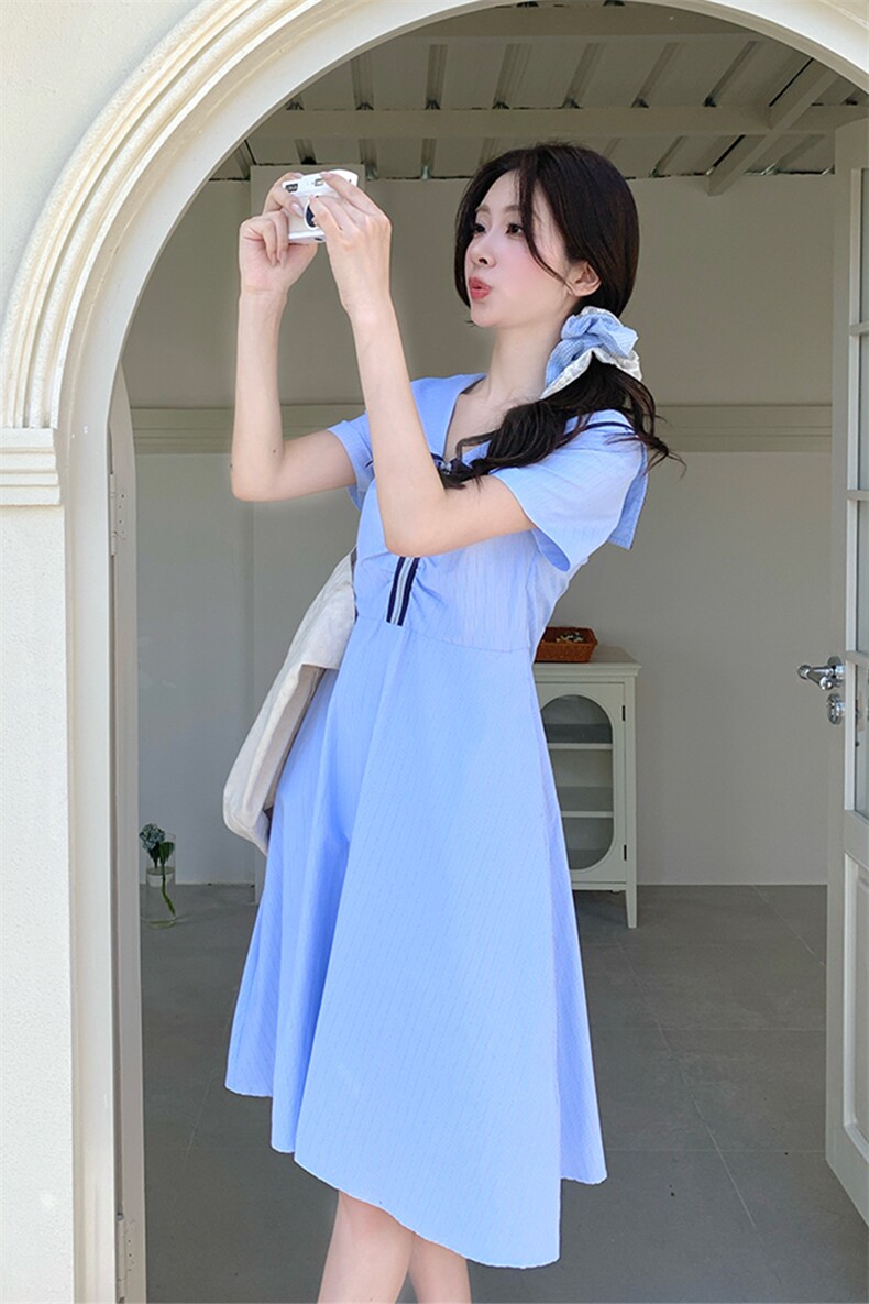 蓝色学院风海军领连衣裙女2025夏季新款法式小个子洋气减龄A字裙,女装连衣裙,2C285